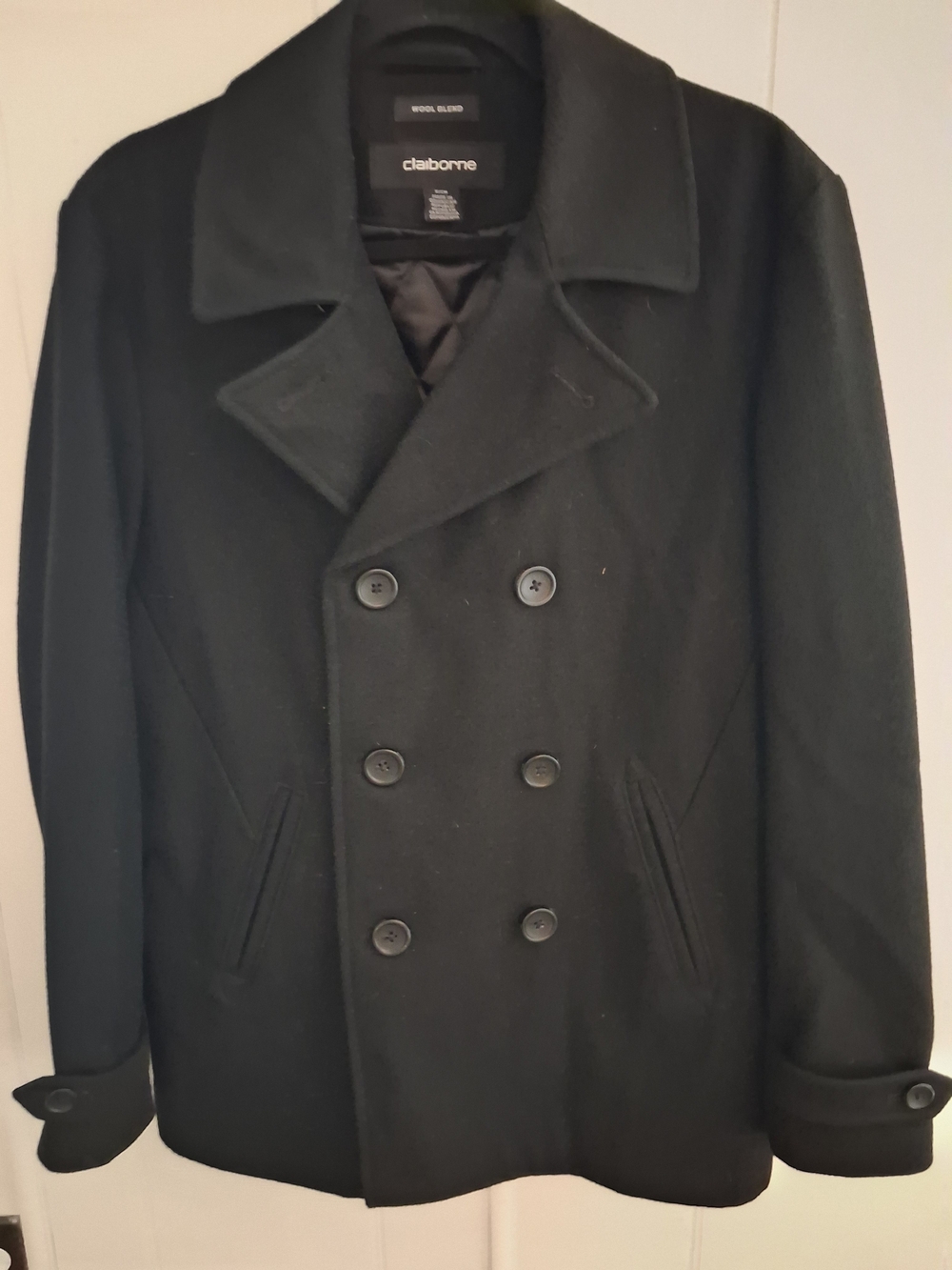 Claiborne Men's Black Double-Breasted Wool-Blend Pea Coat